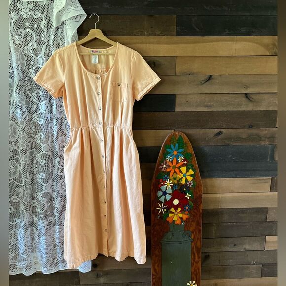 Vintage 90s FADS Peach Short Sleeve Cotton Button Down Dress with Pockets - Picture 7 of 8